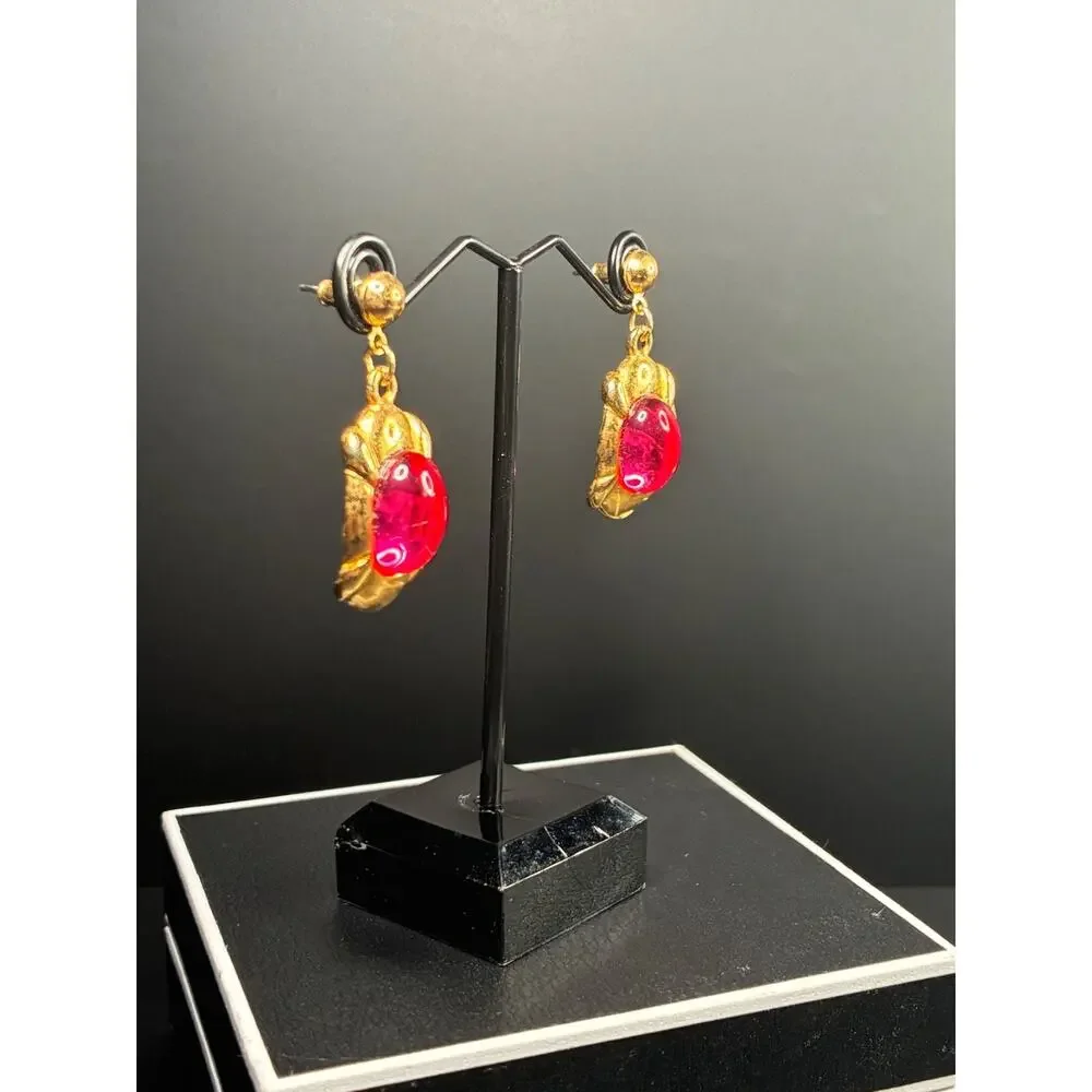 Vintage BB Co Gold Tone Hot Pink Glass Drop Earrings Statement 80s
